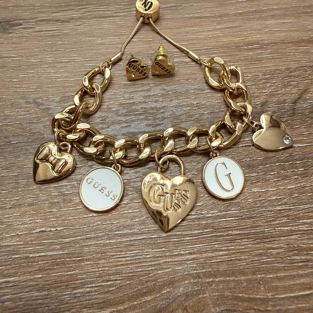 Guess Gold Heart Charm Bracelet and earrings